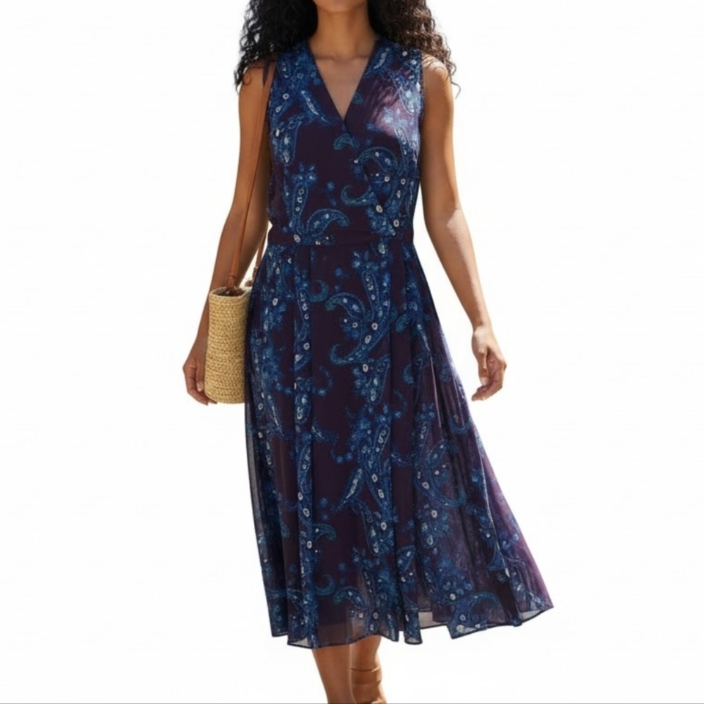 CAbi Treasure Midi Dress Size 8 Purple Blue Paisley Chiffon Sleeveless - Picture 11 of 11